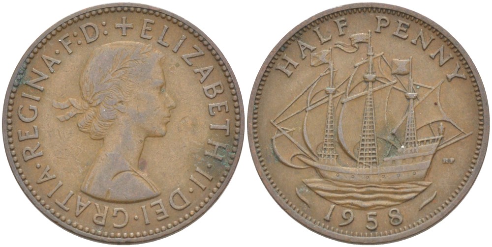 Великобритания 1/2 пенни 1958 Елизавета II (1952-2022) KM 896, Spink 4158 бронза 4544-113
