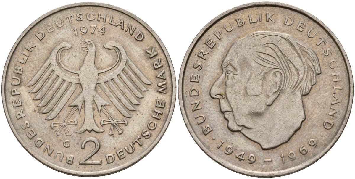 ФРГ 2 марки 1974 G, Теодор Хойс, 20 лет Федеративной Республике (1949-1969) KM A127, J. 407 медно-никель 4187-814