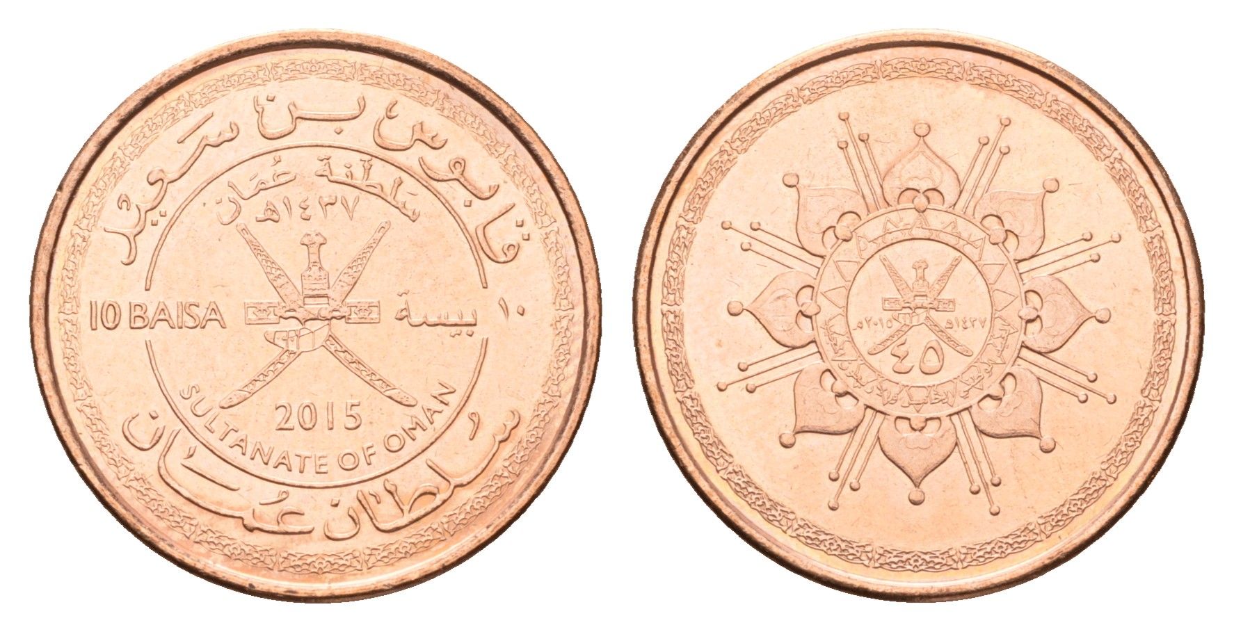 Оман 10 байз 2015 45 лет Султанату Оман KM 194 сталь плакированная бронзой UNC 4588-769