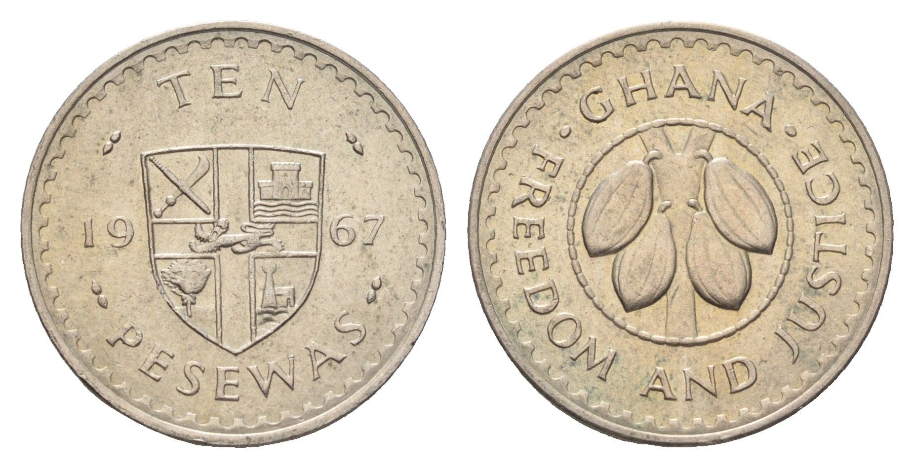 Гана 10 песев 1967 KM 16 медно-никель UNC 4666-546