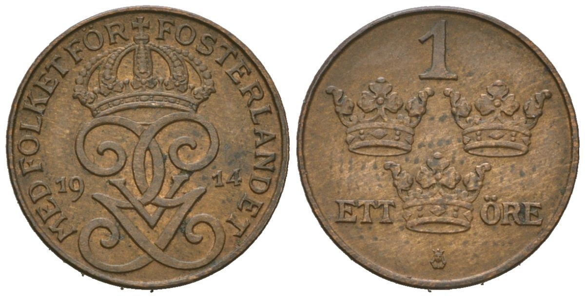 Швеция 1 эре 1914 закрытая 4, Густав V (1907-1950) KM 777.2 бронза 4611-345