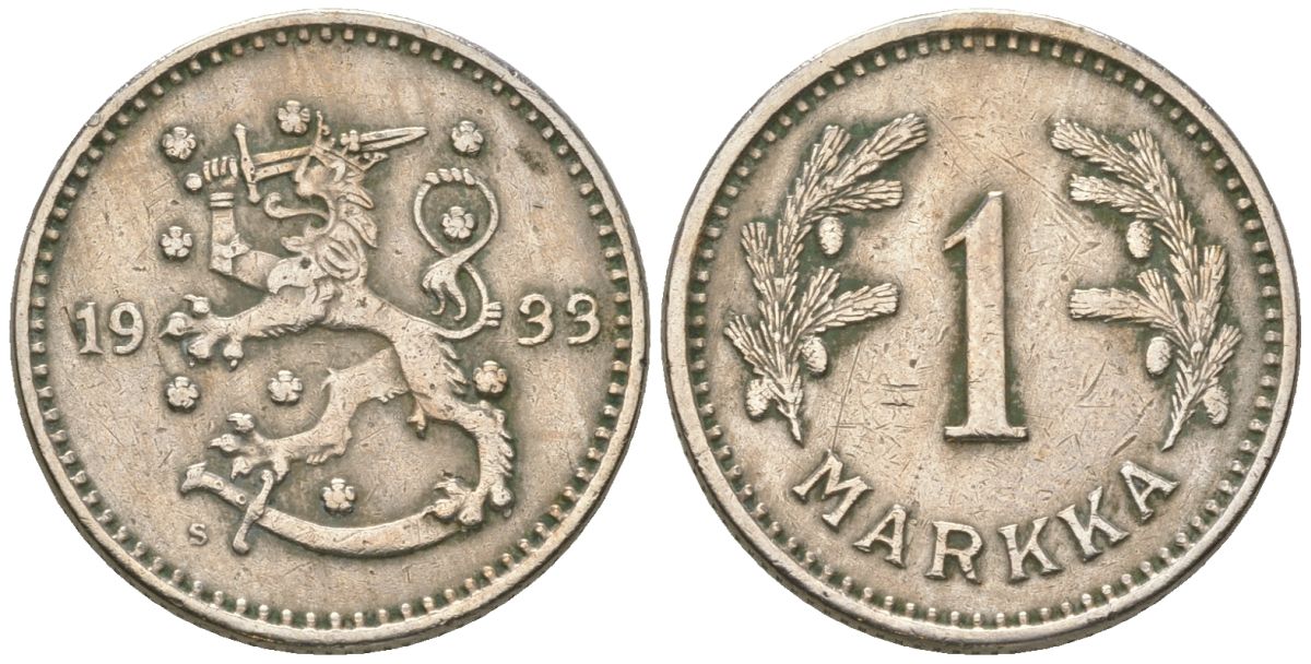 Финляндия 1 марка 1933 S KM 30 медно-никель 4173-619