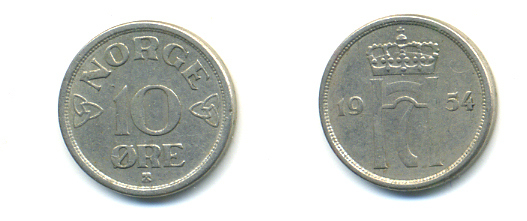 НОРВЕГИЯ 10 ЭРЕ 1954 ХОКОН VII KM 396 медно-никель 89-322