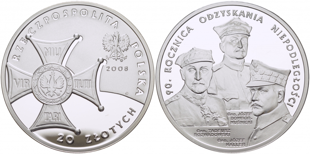 Польша 20 злотых 2008 90 лет восстановления независимости Польши KM 651 серебро PROOF 1077-10-21