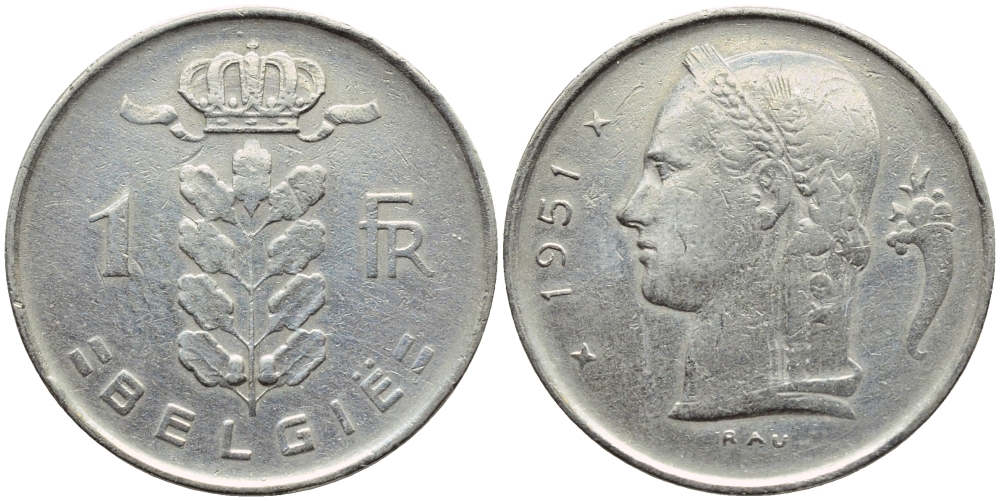БЕЛЬГИЯ 1 ФРАНК 1951 BELGIE KM 143.1 медно-никель 4390-325
