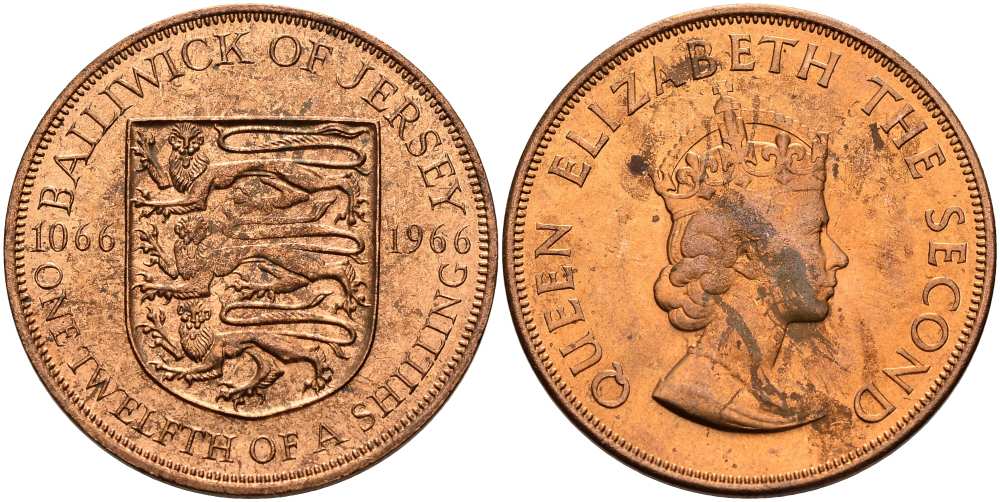 Джерси 1/12 шиллинга 1966 900 лет Нормандскому завоеванию KM 26 бронза UNC 4512-336