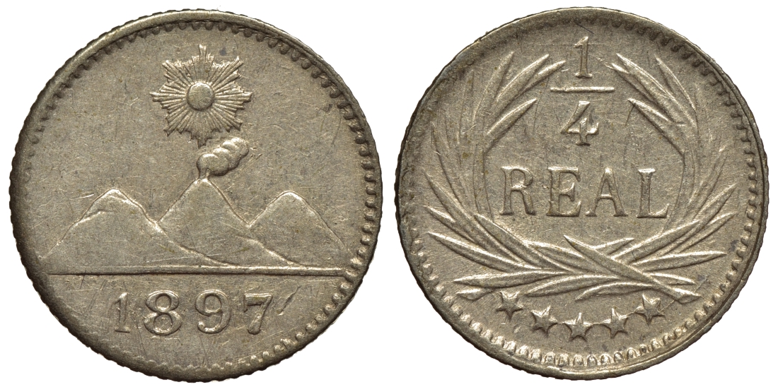 Гватемала 1/4 реала 1897 5 звезд, Испанское правление KM 162 серебро 4549-1025