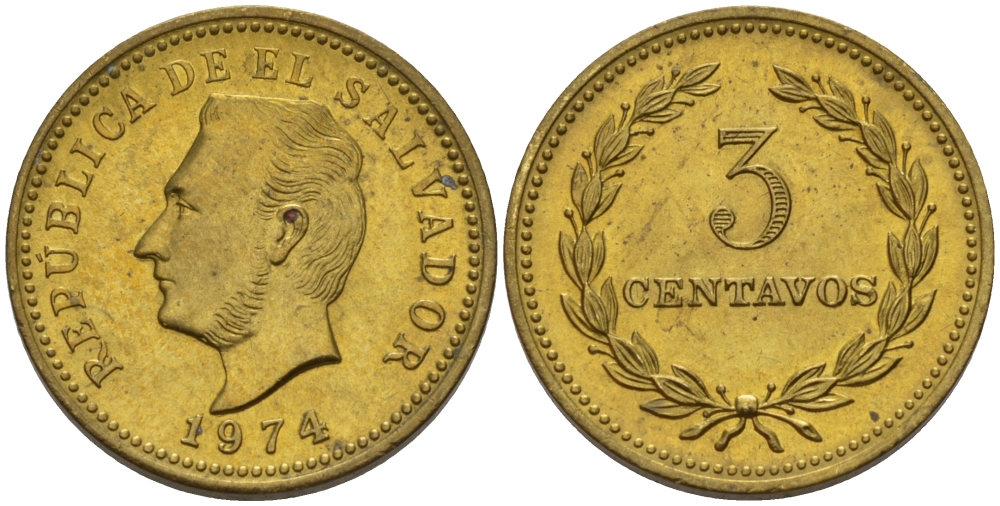 Сальвадор 3 сентаво 1974 год тип, Франсиско Морасан KM 148 никель-латунь UNC 66-815