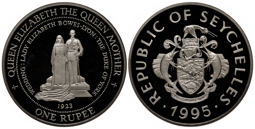 Сейшельские острова 1 рупия 1995 Королева Елизавета, королева мать, свадьба 1923 год, в оригинальном картонном буклете, тираж 3000 экз. KM 85 медно-никель PROOF 7-5-6-17