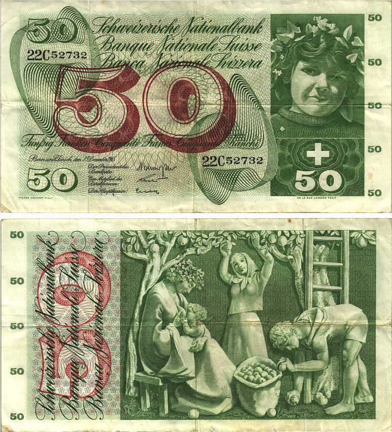 Швейцария 50 франков 1965 23 декабря 1965, серия 22 С, подпись 40 Pick 48 f бумага 8606-17-1-2