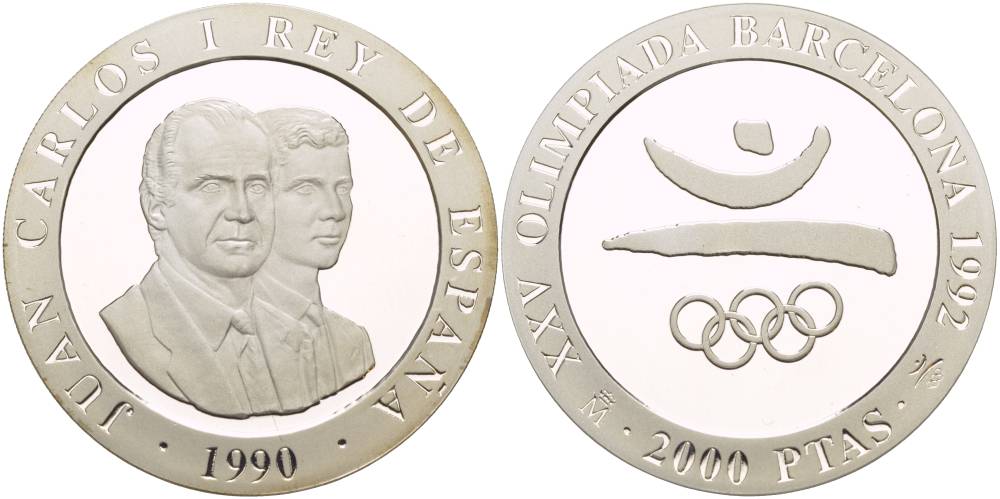 Испания 2000 песет 1990 XXV летние Олимпийские игры 1992 года в Барселоне, символика, олимпийские кольца KM 859 серебро PROOF 1081-8-13