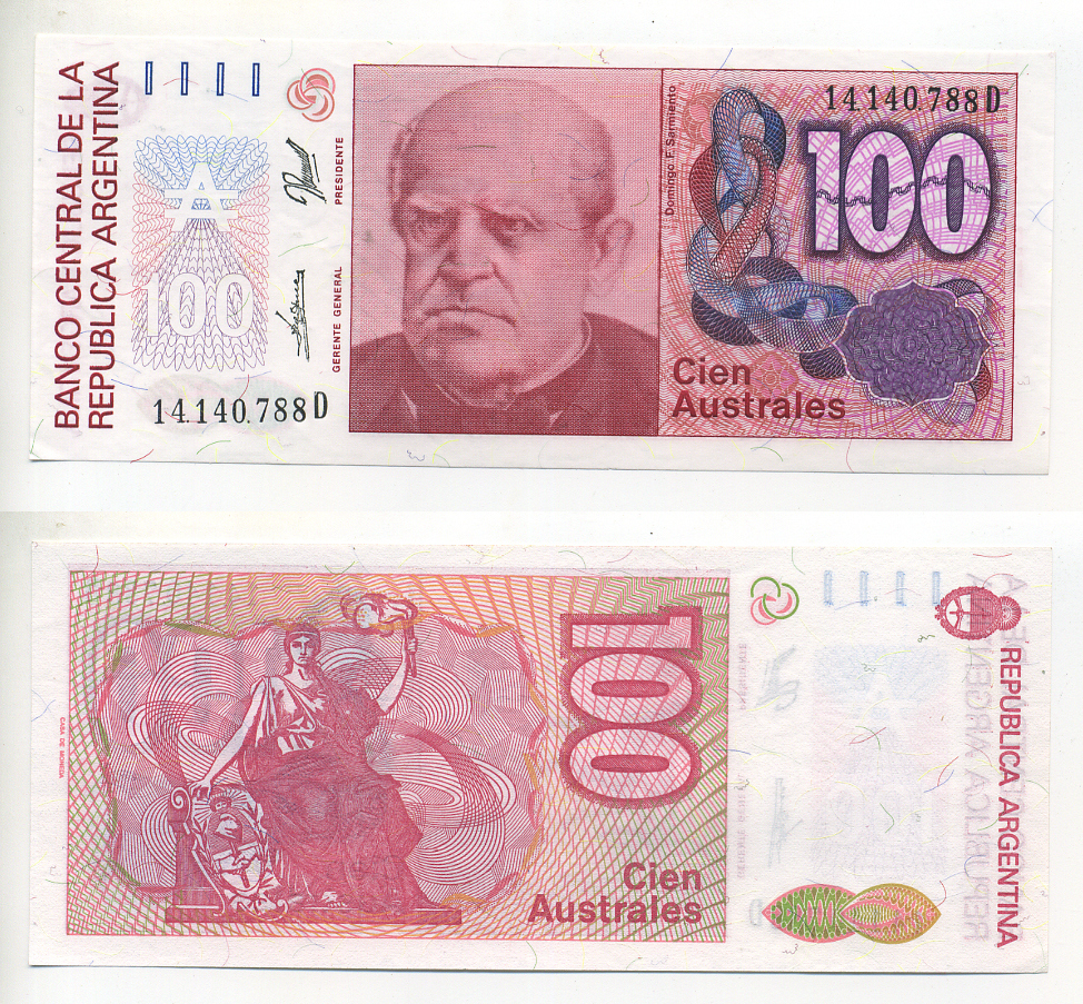 АРГЕНТИНА 100 АУСТРАЛЕЙ 1990 СЕРИЯ D 14140, Фаустино Сармьенто, Аргентинский военный деятель, масон Pick 327с бумага UNC (ПРЕСС) 7548-9-2-1