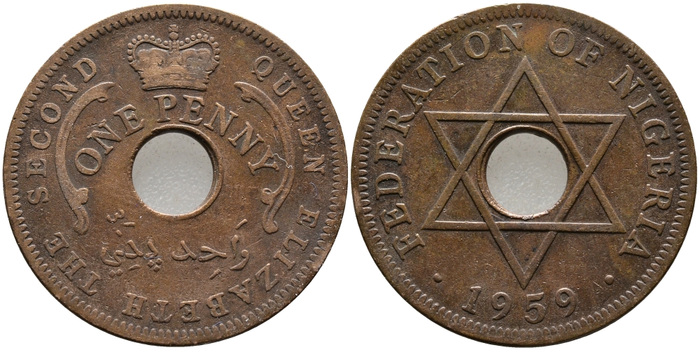 Нигерия 1 пенни 1959 Елизавета II (1952-), Британский протекторат KM 2 бронза 51-212
