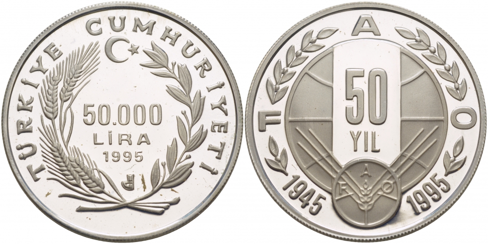 Турция 50000 лир 1995 50 лет FAO, тираж 3798 экземпляров KM 1040 серебро PROOF 02-262-44