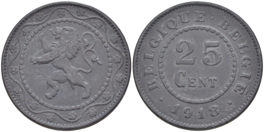 БЕЛЬГИЯ 25 САНТИМОВ 1918 BELGIQUE-BELGIE, ГЕРМАНСКАЯ ОККУПАЦИЯ, ПЕРВАЯ МИРОВАЯ ВОЙНА KM 82 цинк 3718-551