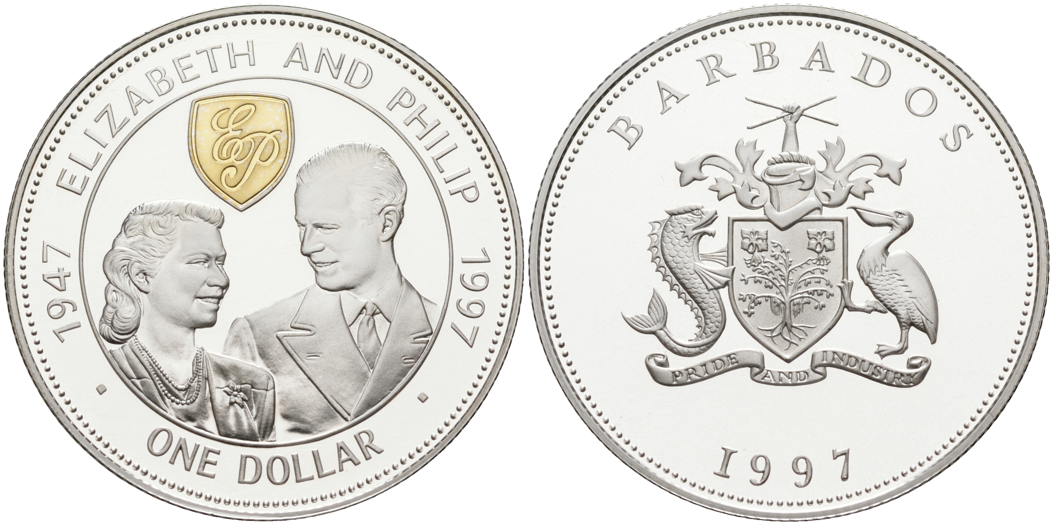 Барбадос 1 доллар 1997 золотая свадьба королевы Елизаветы и принца Филиппа, позолота KM 64 серебро PROOF 1084-7-45
