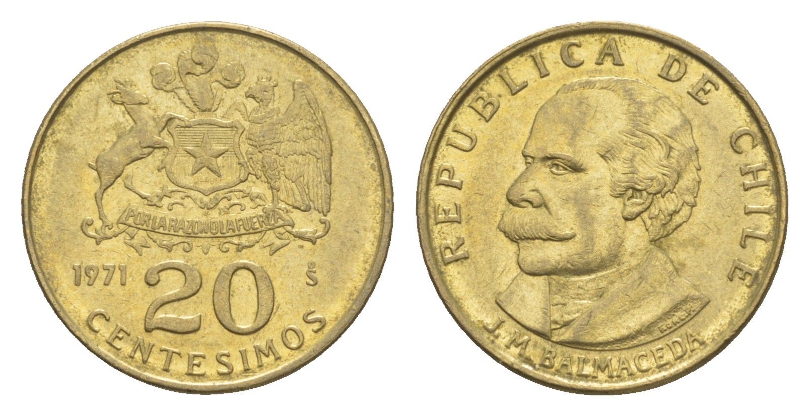 Чили 20 сентесимо 1971 KM 195 алюминиевая бронза UNC 4651-528