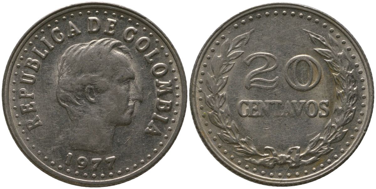 Колумбия 20 сентаво 1977 KM 246.1 сталь плакированная никелем 4529-832