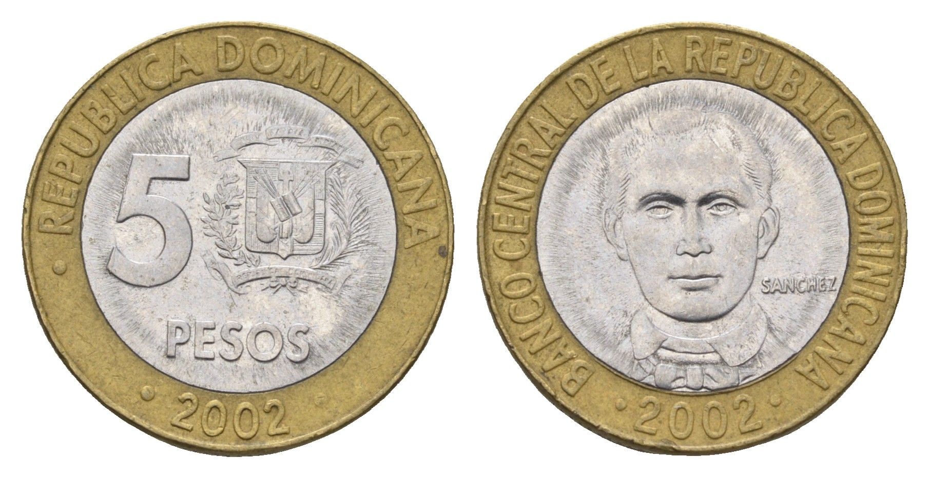 Доминиканская Республика (Доминикана) 5 песо 2002 Санчес KM 89 биметалл 4663-926