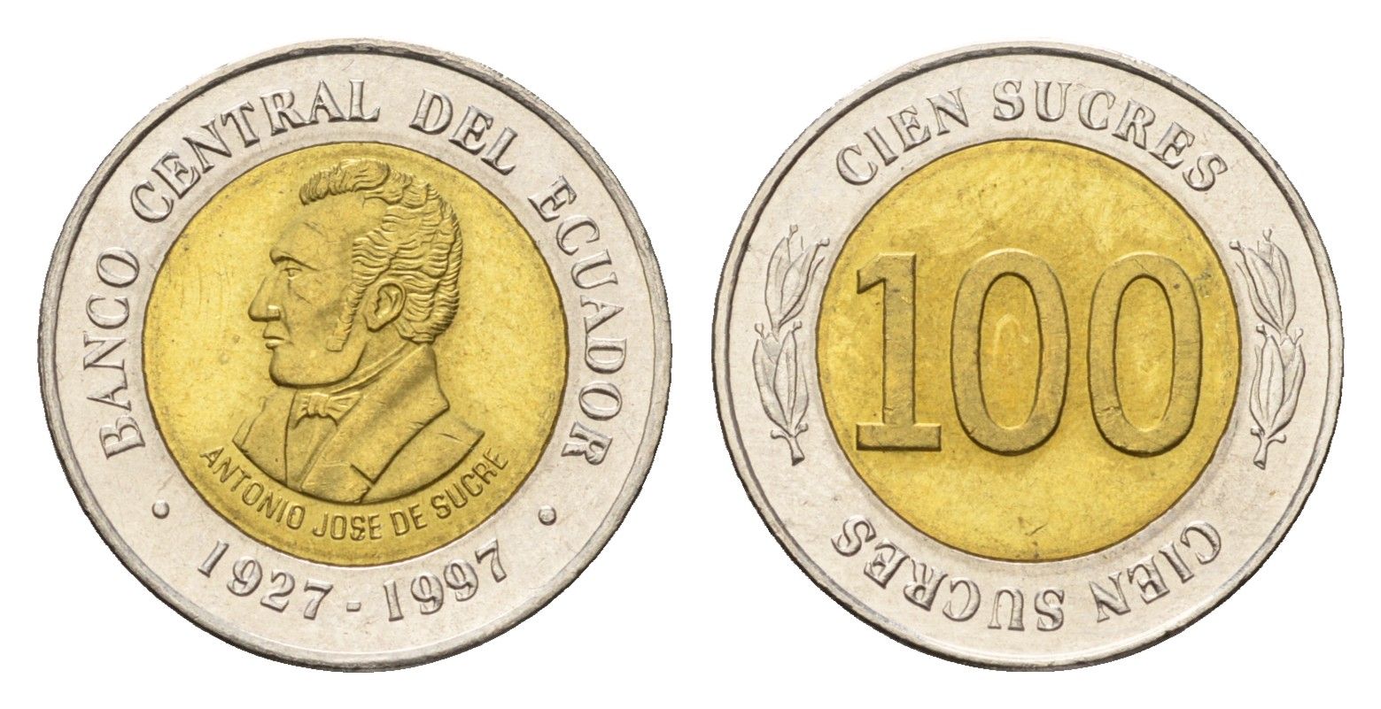Эквадор 100 сукре 1997 70 лет Центробанку KM 101 биметалл UNC 4697-432