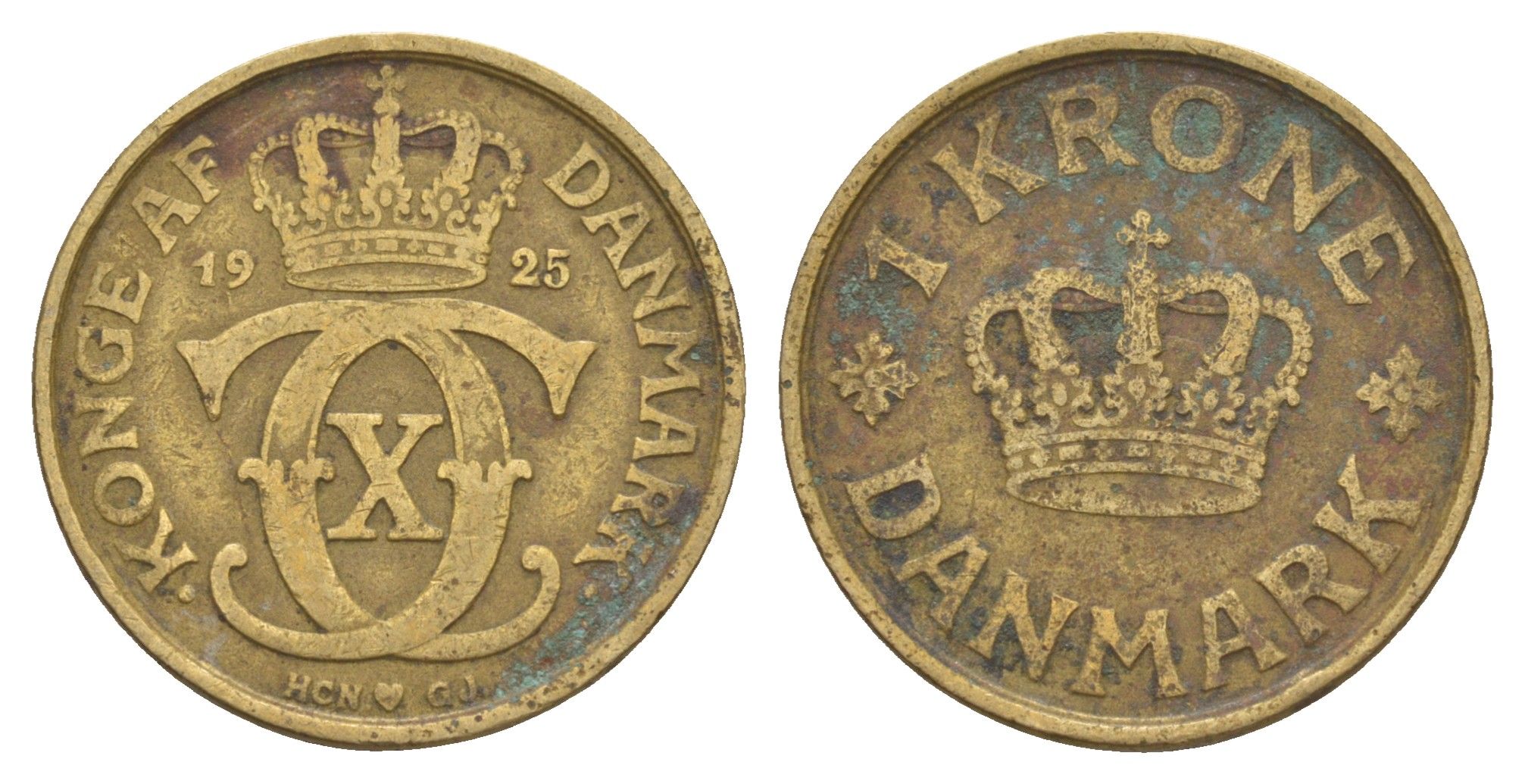 Дания 1 крона 1925 HCN, Кристиан X (1912-1947) KM 824 алюминиевая бронза 4657-317