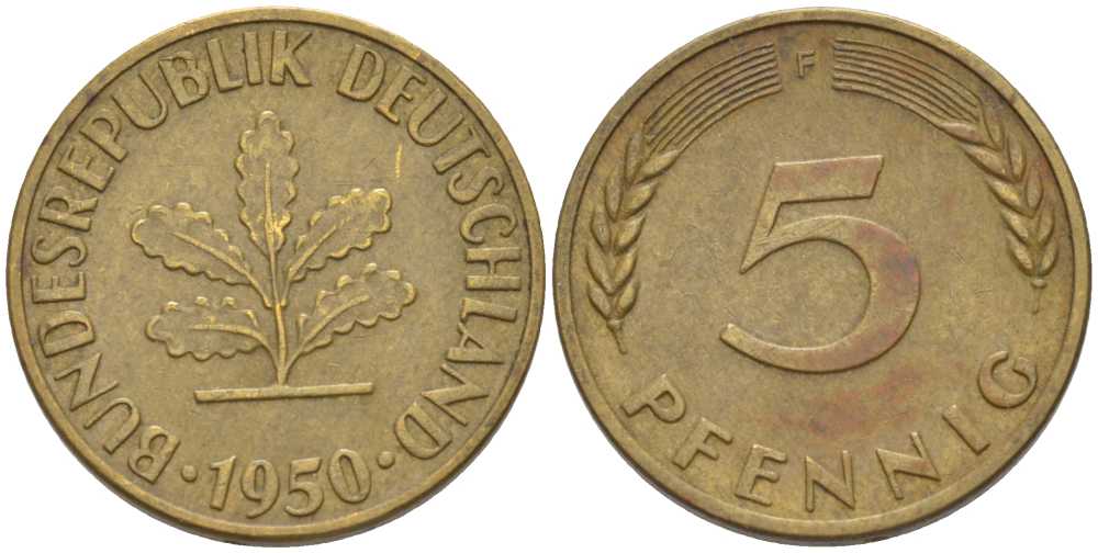 ФРГ 5 ПФЕННИГОВ 1950 F KM 107, J. 382 сталь плакированная латунью 66-759