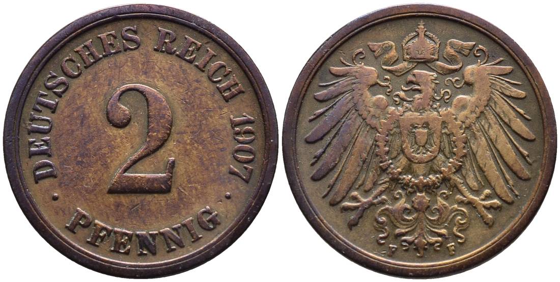 ГЕРМАНИЯ 2 ПФЕННИГА 1907 F KM 16, Jager 11, Weege 4 медь 4546-644