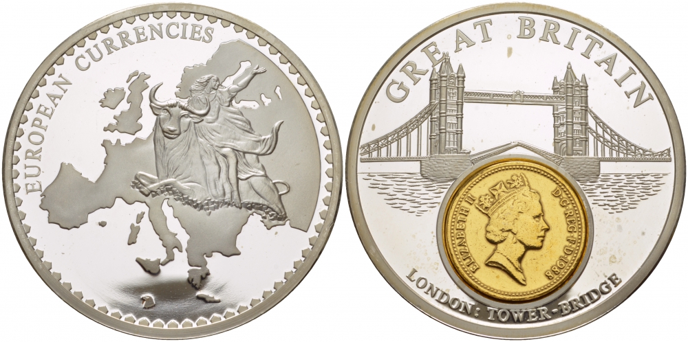 НИДЕРЛАНДЫ МЕДАЛЬ ND МОНЕТА НА МЕДАЛИ, СЕРИЯ ДОЕВРОВЫЕ ЕВРОПЕЙСКИЕ МОНЕТЫ, АНГЛИЯ, 1 ПЕННИ, ЛОНДОН, ТАУЭРСКИЙ МОСТ серебрение PROOF 1090-2-22