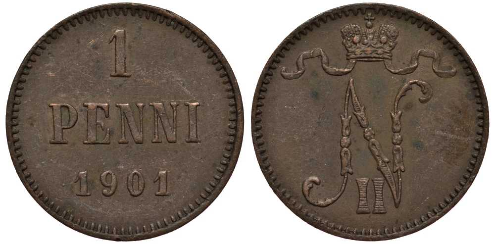 РОССИЯ ДЛЯ ФИНЛЯНДИИ 1 ПЕННИ 1901 НИКОЛАЙ II Биткин 462 медь 3309-825