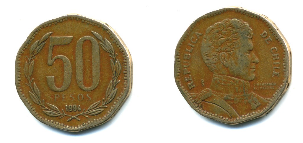 Чили 50 песо 1994 Бернардо О’Хиггинс KM 219.2 алюминиевая бронза 36-241