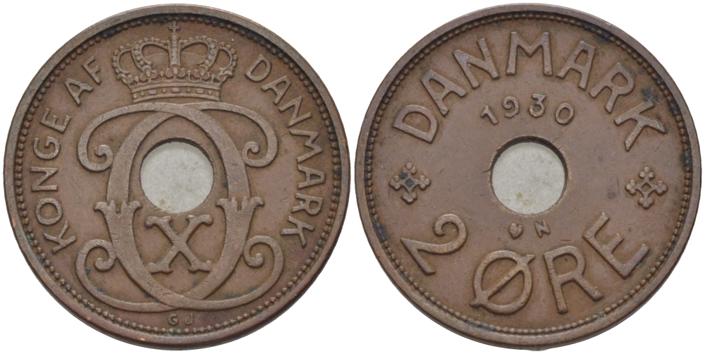 ДАНИЯ 2 ЭРЕ 1930 N; GJ, КРИСТИАН X (1912-1947) KM 827.2 бронза 28-345