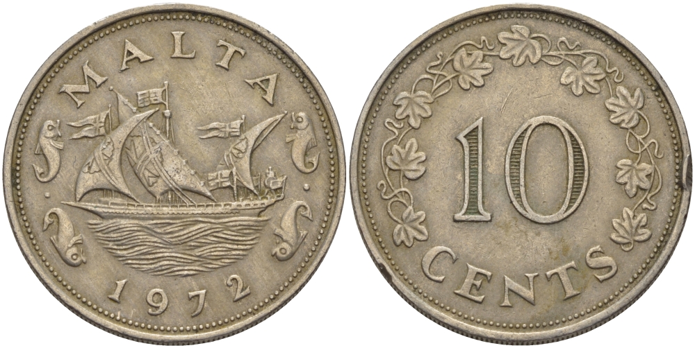 Мальта 10 центов 1972 баржа Великого магистра KM 11 медно-никель 82-323