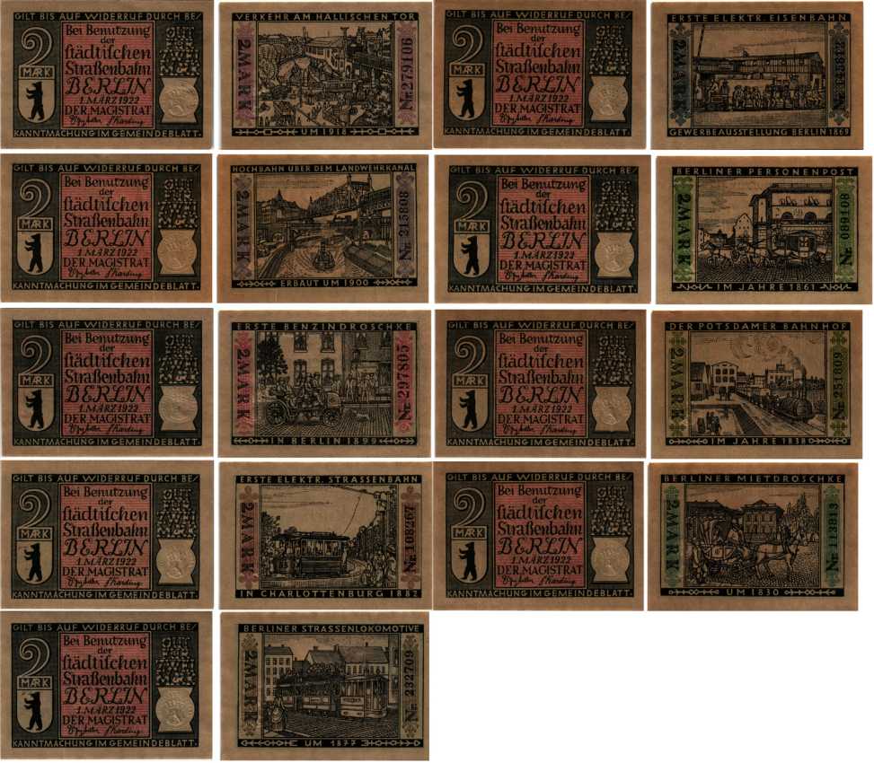 БЕРЛИН НАБОР ИЗ 9 БАНКНОТ ПО 2 МАРКИ 1922 НОТГЕЛЬД, 1 МАРТА 1922, (1830, 1838, 1861, 1869, 1877, 1882, 1899, 1900, 1918) Grabowski 92.3 бумага 6318-45-2-1