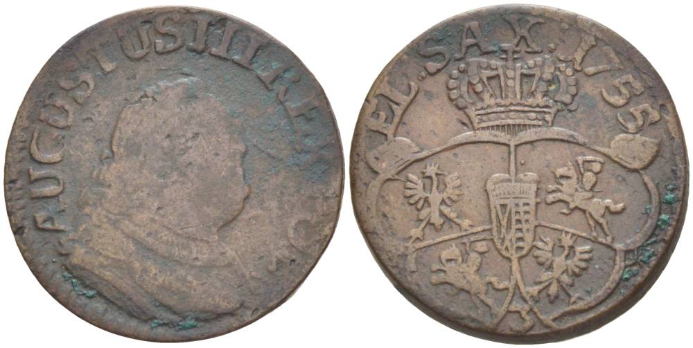 Польша 3 сольди (1 грош) 1755 J, Фридрих Август III (1733-1763), вес 3,54 гр. KM 147.1 (C2) медь 1517-1113