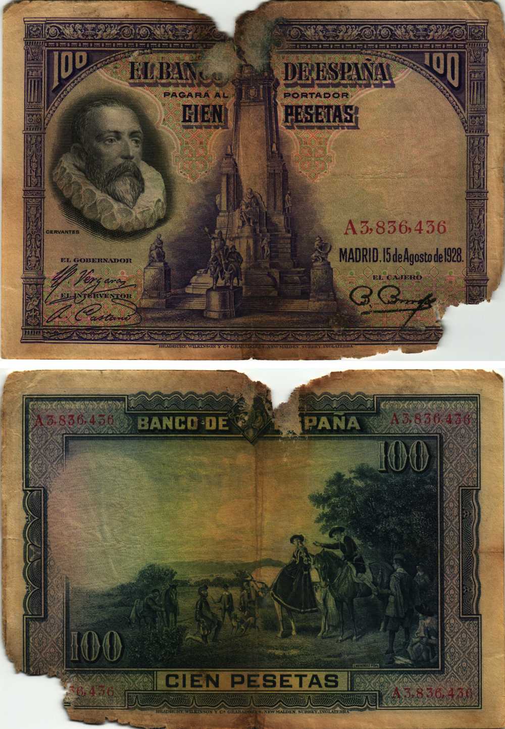 Испания 100 песет 1928 Мигель де Сервантес Сааведра, памятник Сервантесу, картина Дон Кихот Pick 76 а бумага 8609-37-1