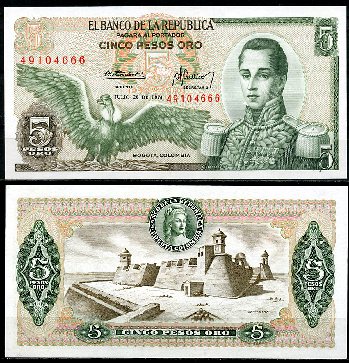Колумбия 5 песо 1974 Хосе Мария Кордова, Картахена Pick 406 e  бумага  UNC (пресс) 447-72-2