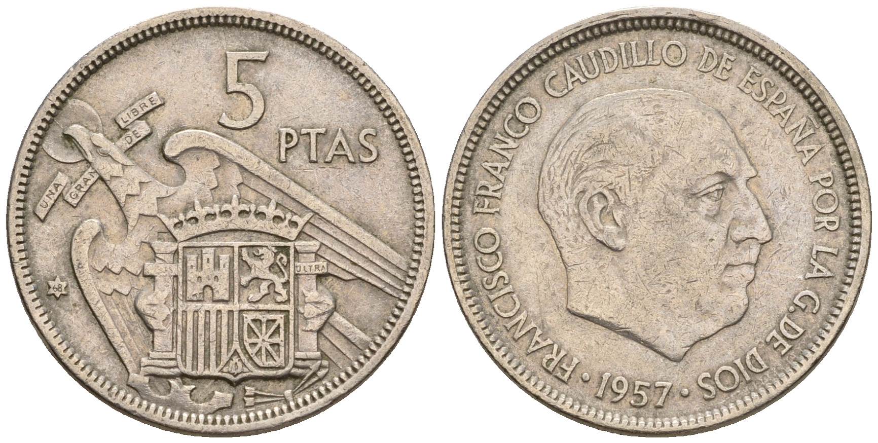 Испания 5 песет 1957 (68) Франциско Франко (1939-1975) KM 786 медно-никель 259-331