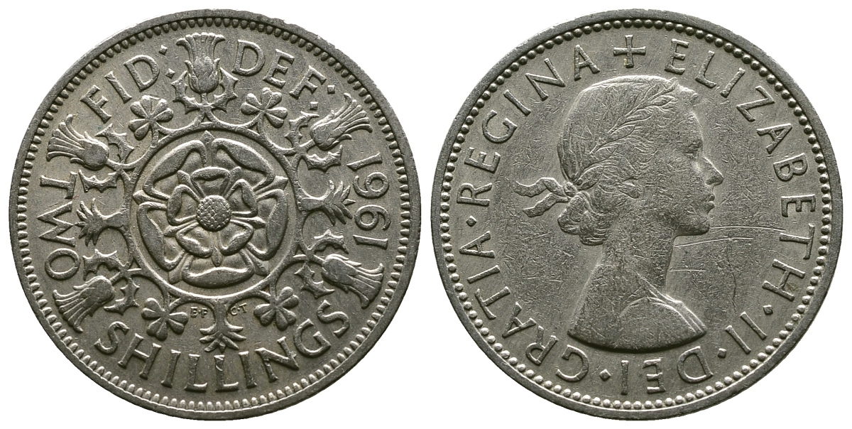 Великобритания 2 шиллинга (флорин) 1961 Елизавета II (1952-2022) KM 906, Spink 4146 медно-никель 4382-242