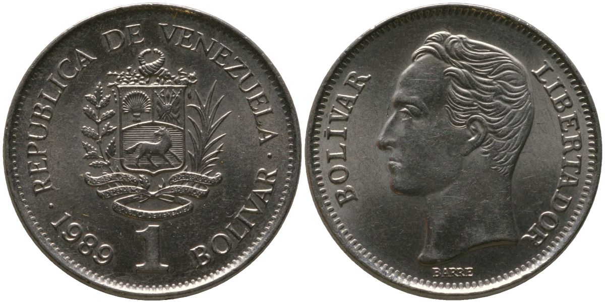 Венесуэла 1 боливар 1989 Симон Боливар KM 52a.2 сталь плакированная никелем 4529-131