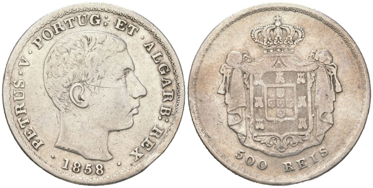 Португалия 500 реалов 1858 Педру V (1853-1861) KM 498 серебро 272-1344