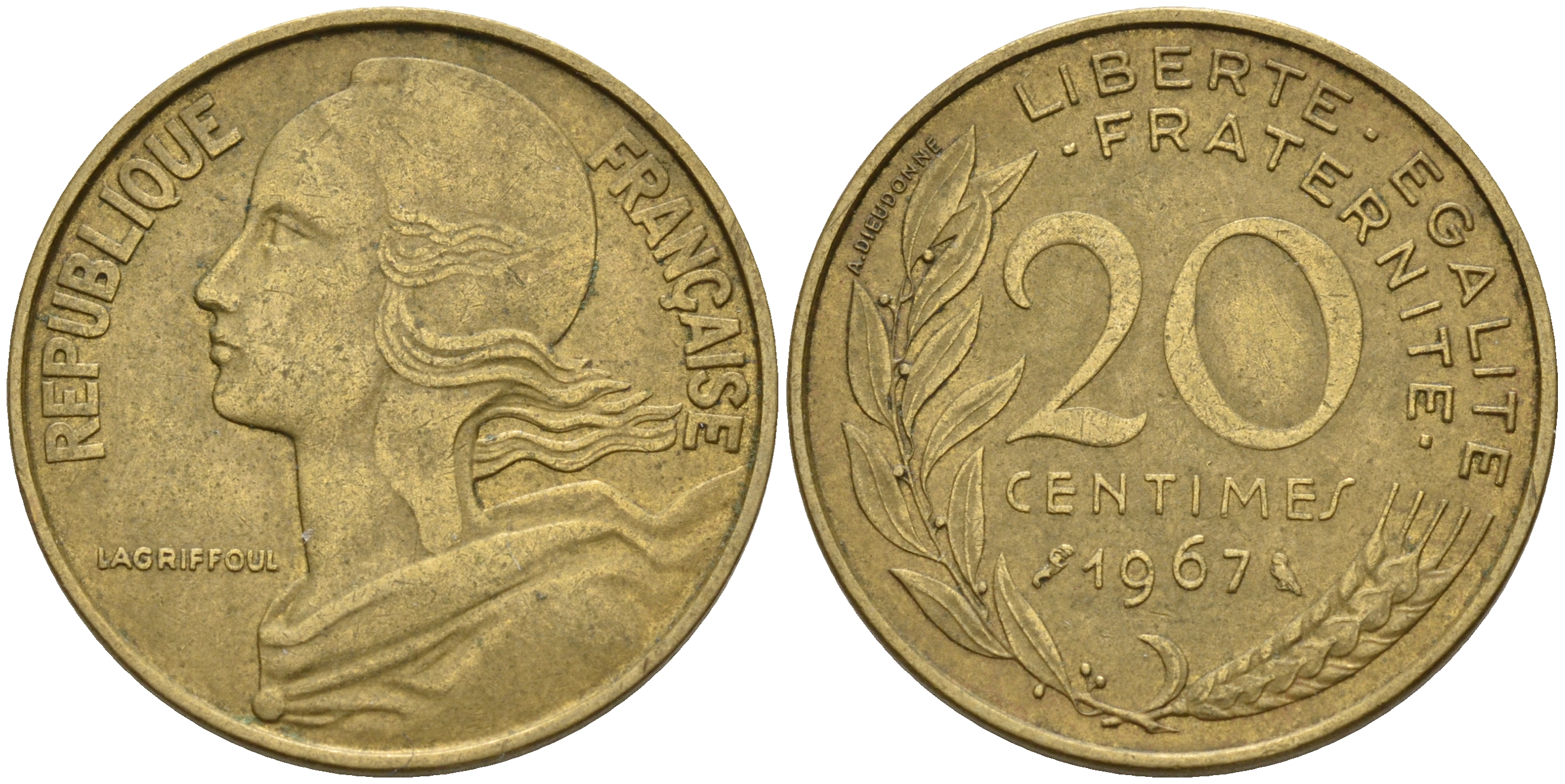 Франция 20 сантимов 1967 тип Marianne KM 930 алюминиевая бронза    4603-112