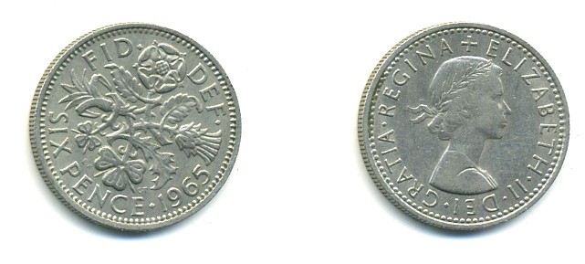 Великобритания 6 пенсов 1965 Елизавета II (1952-2022) KM 903, Spink 4149 медно-никель 23-841