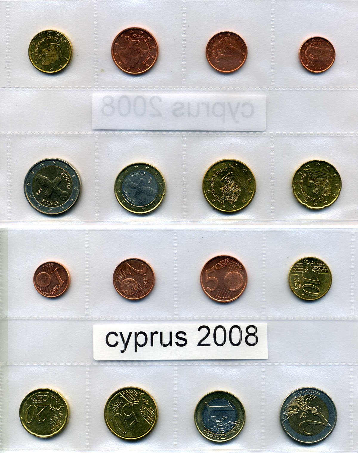 Кипр евронабор из 8 монет 2008 1, 2, 5, 10, 20, 50 евроцентов, 1, 2 евро биметалл UNC 966-1-2