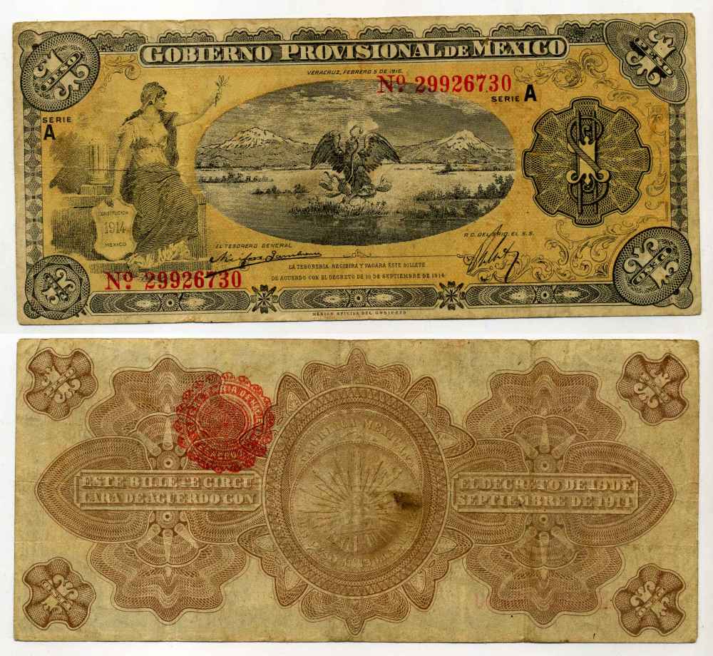МЕКСИКА 1 ПЕСО 1914 СЕРИЯ КРАСНАЯ, GOBIERNO PROVISIONAL de MEXICO, СЕРИЯ А Pick S1100 бумага 8589-57-2-1