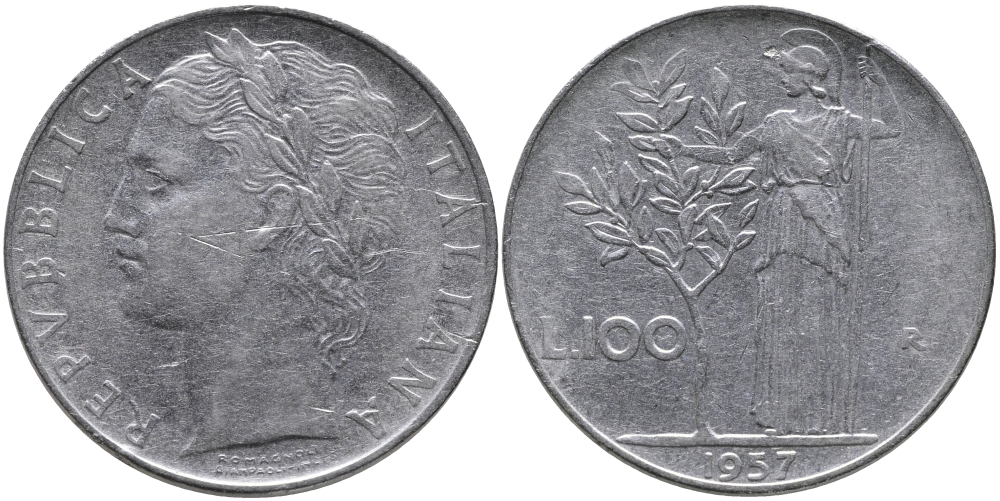 ИТАЛИЯ 100 ЛИР 1957 R, АФИНА KM 96.1 нержавеющая сталь 97-541