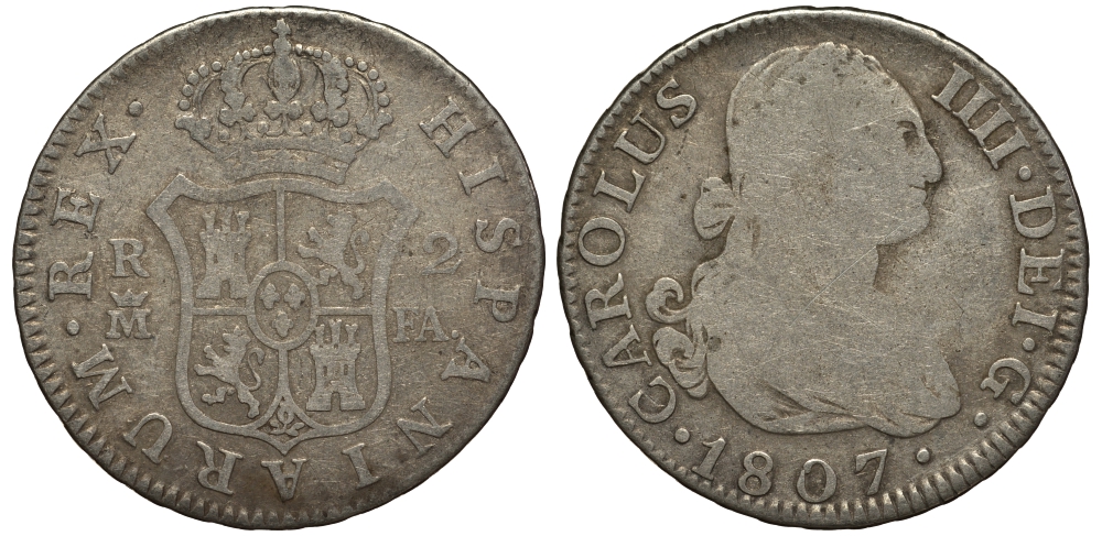 Испания 2 реала 1807 M FA, мондвор (Мадрид), Карлос IIII (1788-1808) KM 430.1 ( C69.1) серебро 650-821