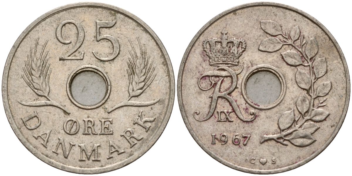 Дания 25 эре 1967 С; S, Фредерик IX (1947-1972) KM 855.1 медно-никель 4150-914