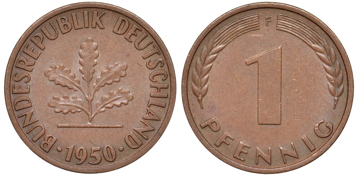 ФРГ 1 пфенниг 1950 D KM 105, J.380 сталь плакированная медью 4174-439