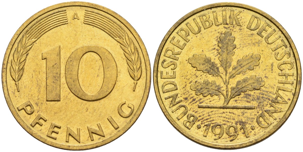 ФРГ 10 пфеннигов 1991 A KM 108, J. 383 сталь плакированная латунью 4175-335