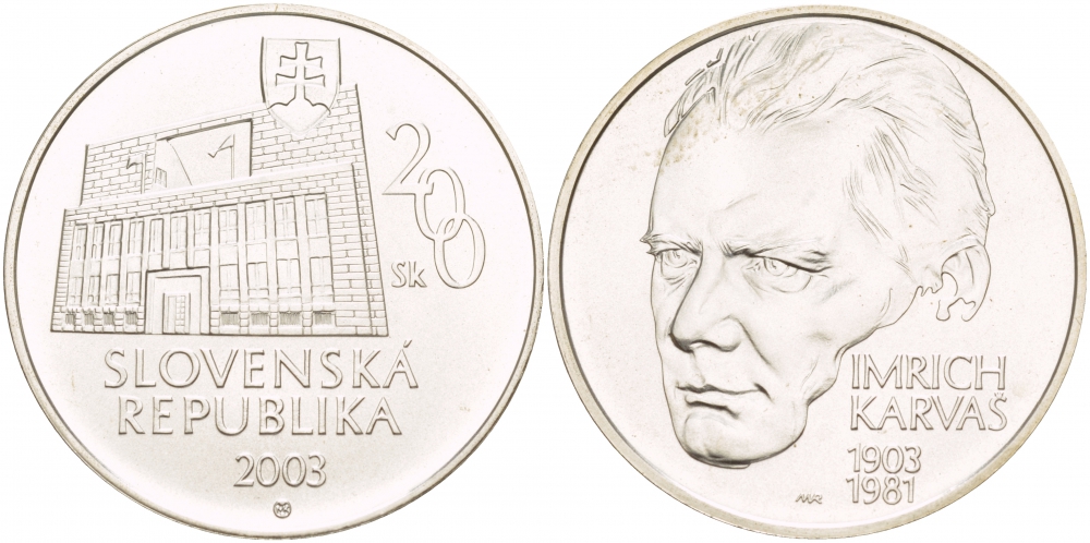 Словакия 200 крон 2003 100 лет со дня рождения Имриха Карваша (1903-1981) KM 65 серебро UNC 1088-3-54